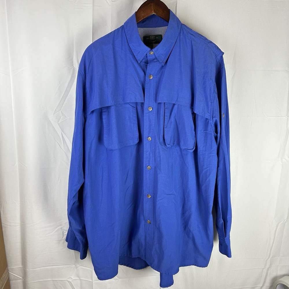 Vintage Orvis‎ Fishing Shirt Men's XL Blue Vented Front Pockets Roll Tab Sleeves